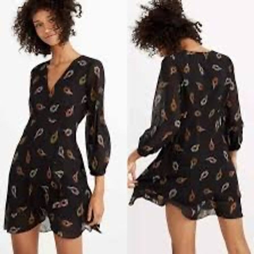 Madewell Long-Sleeve Poppy Wrap Dress in Peacock Feathers Size 2 Black Chiffon